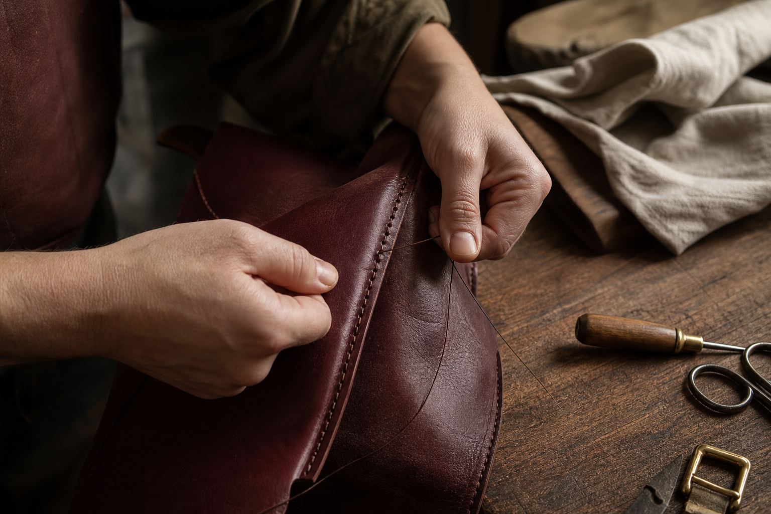 Leather artisan making an Agafia product by hand