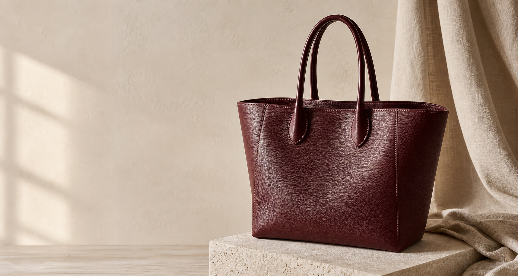 Burgundy leather tote on a pale stone pedestal